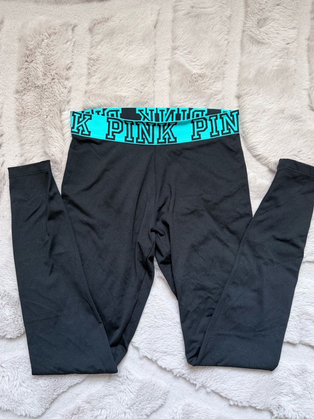 PINK Victoria's Secret Black yoga Leggings with Teal Logo Waistband